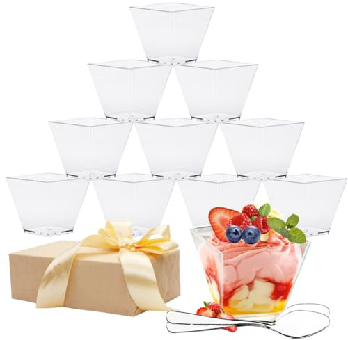 YINVA Mini Dessert Cups 2oz/60ml 50Pcs Plastic Dessert Cups Square Reusable Dessert Cup for Pudding Mousse Party