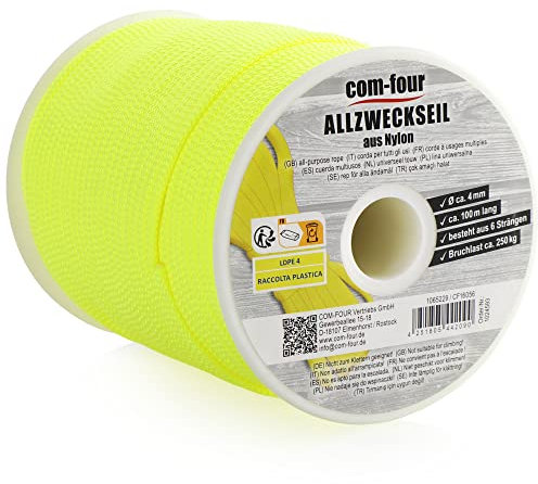 COM-FOUR® Corda Ø 4mm, 100m - corda con 6 trefoli per outdoor - corda in nylon con capacità di carico 250kg - corda per tenda e altri usi