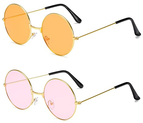 YuZhou 2 PCS Hippy Specs Sunglasses, Metal Round Frame Sunglasses Circle Retro Glasses Hippie Round Festival Vintage Sunglasses Disco Glasses Colored Lens Fancy Dress Sunglass