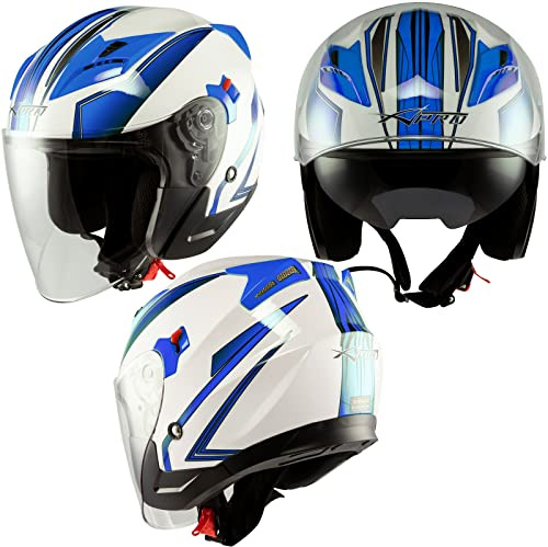 Moto Casque Jet Visière Double Scooter Certificat ECE 22-06 Blanche Bleu L