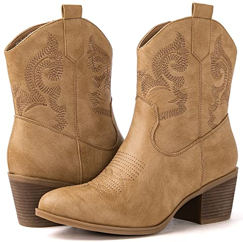 GLOBALWIN Women's Khaki Cowgirl Boots Ankle Fashion Western Boots Cowboy Boots For Women With Chunky Low Heel Comfortable For Walking Size 8.5M