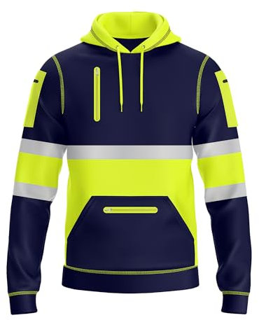 NOROZE Herr Hi Vis huvtröja med reflekterande tejp, pullover hög synlighet huvtröja för säkerhetsarbetskläder – 4 användbara fickor med dragkedja, arbetshuvtröjor för män, huva med hög synlighet, Stil