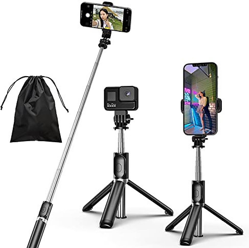 KOMI Selfie Stick - Trípode de Selfie 4 en 1 trípode Extensible para teléfono portátil con Control Remoto inalámbrico Desmontable Compatible con iPhone Samsung Cámara Android (Negro)