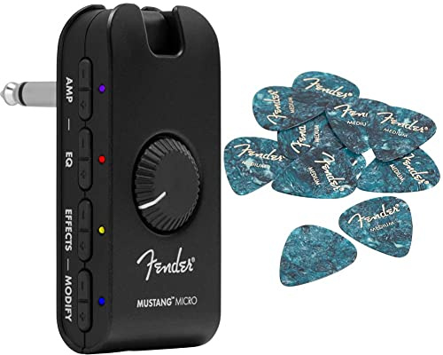 Fender Mustang Mikro-Verstärker, Schwarz, 2311300000 & 351 Shape Premium Plektren (12 Stück) für E-Gitarre, Akustikgitarre, Mandoline und Bass Medium Ocean Türkis