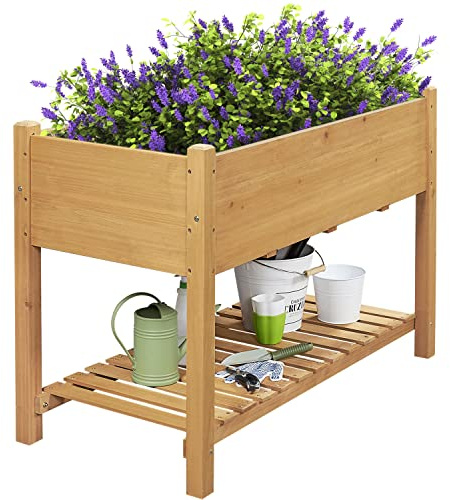 Abician Carré Potager en Hauteur sur roulettes, Potager sur Pieds en Bois de Sapin, Potager Surlevée pour Plantes, Légumes, Fleurs, Aromatiques, 119 x 80 x 57 cm