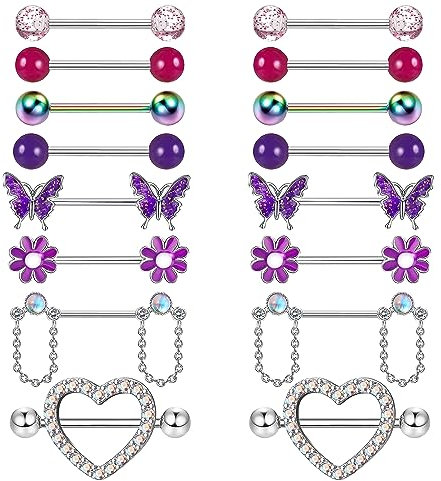 Kakonia 8Paar Nippelpiercing für Damen Chirurgenstahl Brustwarzenpiercing Zungenpiercing Zirkonia Glänzender Nipple Piercing