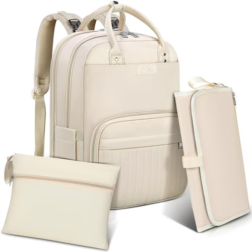 RAINSMORE Baby skötryggsäck stor skötväska ryggsäck med barnvagnsremmar och skötunderlag på vägen blöjväska babyväska svart, Beige, L, Avslappnad