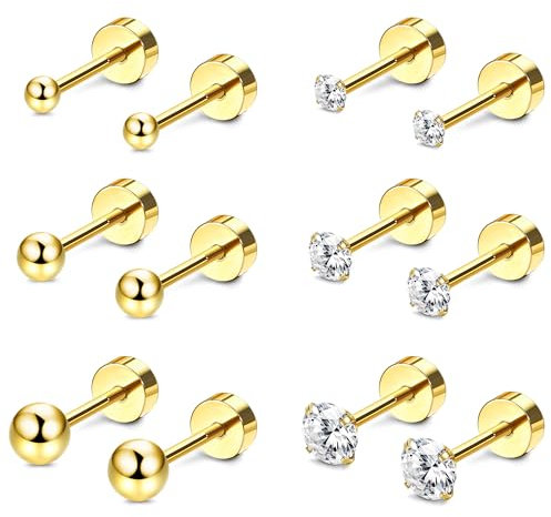 Kakonia 6Paar Ohrstecker für Damen Heren Titan Chirurgenstahl Piercing Ohr Silber Gold Rosegold Schwarz Tiny Stud Earrings Mehrere Piercing Hypoallergene Zirkonia Knorpel Tragus Helix Set