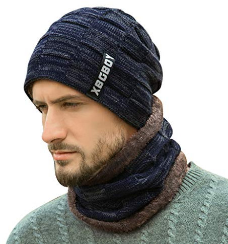 Wintermütze Winterschal Herren Männer Strickmütze Warme Beanie Slouch Winter Mütze und Schal mit Plüschfutter Winter-Set Mütze & Schal Weiche Strickschal Dicke Herrenmütze Herrenschal für Outdoor