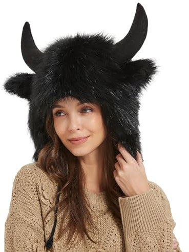 Teksome Stierhornhut,Plüsch-Ohrenklappenmütze mit Hörnern | Tierhüte, pelzige Ohrbedeckung für Outdoor-Abenteuer, Halloween, Weihnachten, Tier-Cosplay, Festival-Mottoparty