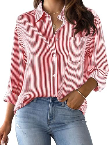 CUNLIN Women's Striped Long Sleeve Button Down Shirt Red Size L