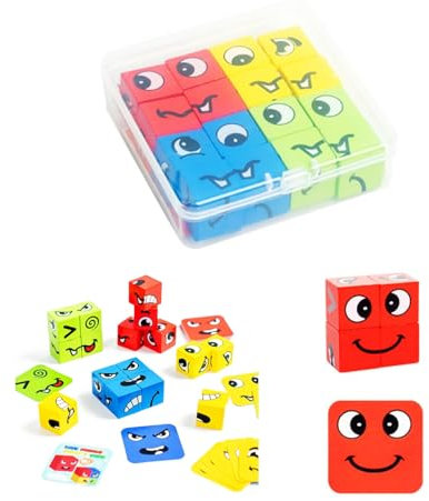 QHFlashbuy Holzwürfel Puzzle Spielzeug,Ausdruck Holzwürfel,IQ Puzzle Interaktion Spiel,Montessori Lernspielzeug für Kinder,Gesichtsveränderung Denktraining Hölzern Spielzeug