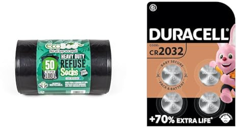 Eco Bag 50 Heavy Duty Refuse Sacks, Black, 1x & DURACELL 2032 Lithium Coin Batteries 3V (4 Pack) - Up to 70% Extra Life - Baby Secure Technology