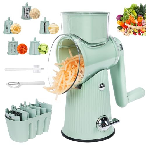 Cheese Grater Hand Crank Vegetable Slicer - 5-in-1 Rotary Mandoline Chopper with Storage, Easy Clean Food Grade Stainless Steel for Kitchen