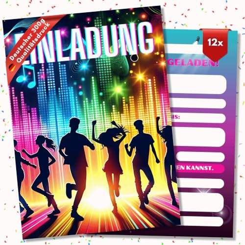 HIDEBLOOM Disco Party Einladungskarten Kindergeburtstag Mädchen - 12 Stück - DIN A6 (10,5 cm x 14,8 cm) - EinladungnGeburtstag Party - Geburtstagseinladungen Disco