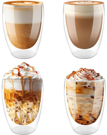 Vexillic Tazas de Café de Cristal, Vasos Cafe, Vasos de Doble Pared Transparente 4x350ML, Tazas de Vidrio Borosilicato para Latte Macchiato Espresso Café, Helado, Leche, Jugo, Té