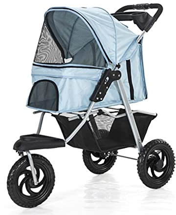 Hundebuggys, 3 Räder, Haustierbuggy für Katzen/Hunde, Träger, Hundebuggy mit großen Rädern für mittelgroße und kleine Hunde, faltbarer Hundebuggy mit Getränkehalter, Tragkraft 25 kg (Rosa) (Blau)