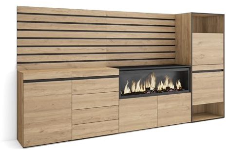 Skraut Home | Aparador | con Almacenamiento | 274x145x35 cm | Dormitorio, habitación | Chimenea eléctrica XXL | Cómoda, Cajonera | Zapatero | Estilo Moderno | Roble