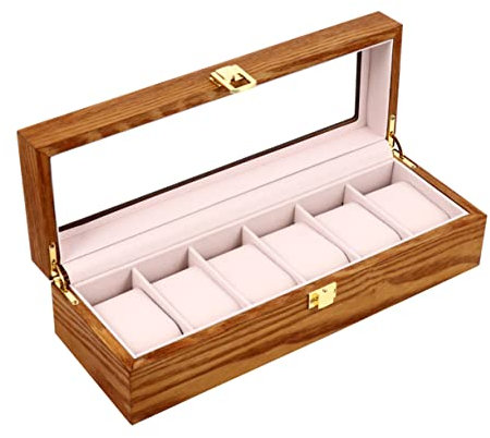 LIFKOME Uhrenbox Holz 6 Fächer Transparentes Sichtfenster Flanellkissen Uhrenaufbewahrung Organizer Für Herren Und Damen