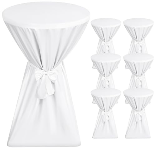 Showgeous Weiß Stehtischhussen Ø60–65cm,6er-Set, mit Schleifenband | Hochzeiten und partys Rutschfest,blickdicht,waschbar,mit schleifenband und verstärkten fußbereichen
