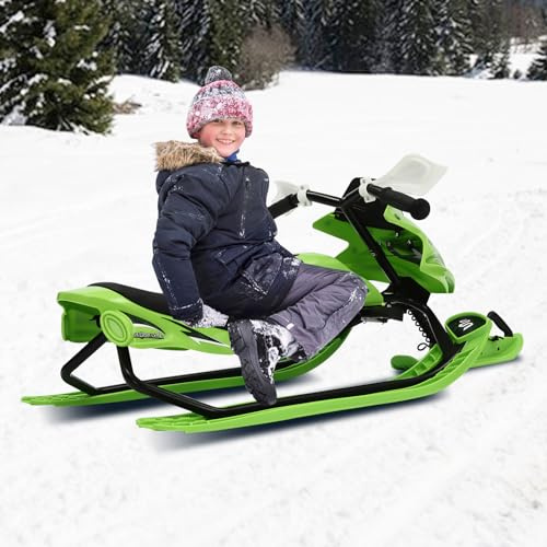 Lilyeriy | Upgraded Kinder Lenkschlitten - 80KG tragfähig, mit Bremsen und Rückenlehne, Federung, Kufenlenkung, für Rodeln und Skibob 3 Gängen