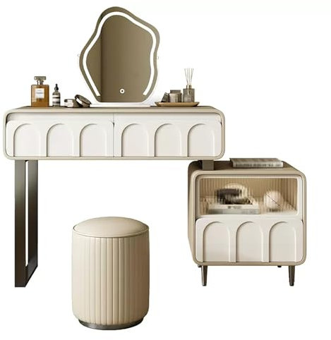Schminktisch mit dreifarbigem dimmbarem Spiegel, Mikrofaser-Leder, Schminktisch, verstellbarer Beistellschrank und Hocker, Khaki, 100 cm