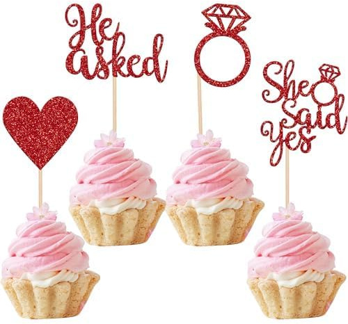 Xsstarmi Cupcake-Topper mit Aufschrift He Asked She Said Ye, glitzernd, Herz, Ring, Junggesellinnenabschied, Cupcake-Picks, Hochzeit, Verlobung, Cupcake-Dekorationen für Hochzeit, Brautparty, Party,