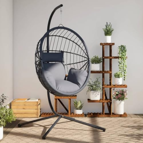 Xichuzi Hängesessel Ei-Design mit Ständer Grau Rattan und Stahl, Garten Möbel, Hängesessel Outdoor, Jugendzimmer, Hängestuhl, Hanging Chair, Liebesschaukeln, Hängeschaukel Outdoor - 4007407