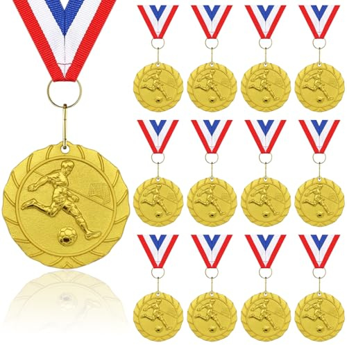 Paquete de 12 medallas doradas de fútbol para niños y adultos, premios Champion con cintas tricolor para ganadores, partidos y eventos