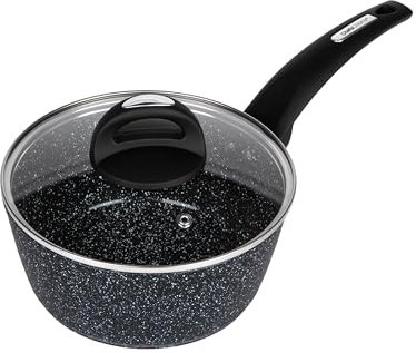 16cm Forged Non-Stick Saucepan with Glass Lid - Speckled Marble Effect, PFAO/PFAS-Free, Induction Compatible, Dishwasher Safe