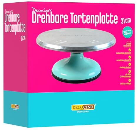 DECOCINO Drehbare Tortenplatte - modernes Türkis trifft auf Edelstahl, Drehbare Tortenplatte, Drehteller, zum Dekorieren von Torten, Fondanttorten, Motivtorten, Profiqualität