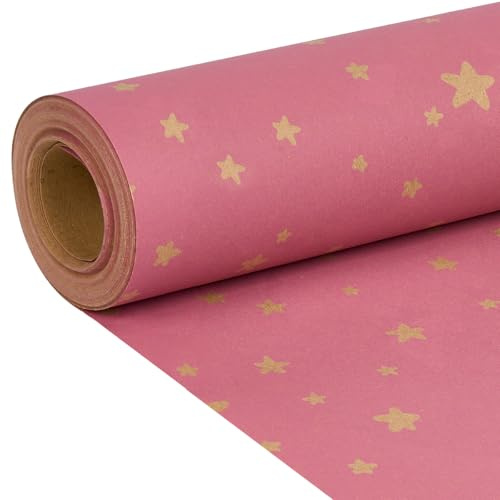 43cm*15M Birthday Gift Wrapping Paper Roll, Recyclable Pink Star Kraft Paper for Birthday, Christmas, Wedding Party Decoration