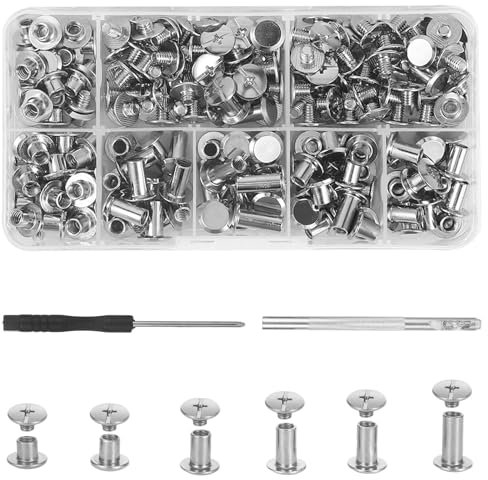 Set di 110 rivetti a vite in argento, in pelle, con attrezzi, set di viti senza testa, viti a manicotto, rivetti cavi, viti Chicago, dadi a manicotto M5 x 4/5/6/8/10/12