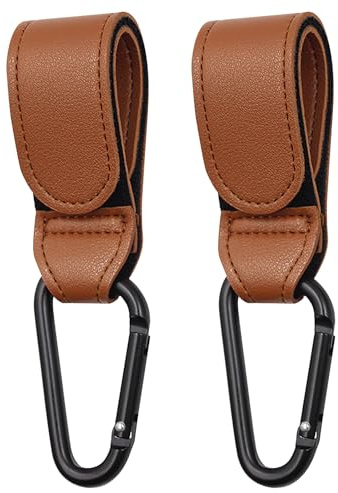 Kinderwagen Haken für Taschen - Universelles Kinderwagen Zubehör, Kinderwagen Taschenhalter aus Leder, 5 kg Belastbarkeit pro Karabiner, 2 Stück (Braun)