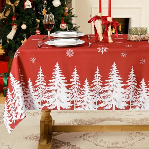 Softalker Christmas Table Cloth Rectangular Red 140x200 cm Xmas Tablecloth Wipe Clean White Snowflakes Table Cover Water Resistant Tablecloths for Party Holiday Winter Decorations Dining Kitchen