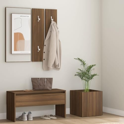 Teenpull Wardrobe Set Brown Oak Effect Hallway Furniture Made of Wood Material with Shoe Bench, Shelf, Mirror and Planter for Small Entrance Areas