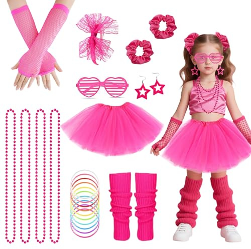 PUERFOCA 80s Accesorios de Traje de Vestido Mujer y Niña, 21pcs Accesorios Mujer Con Tutu Guantes de Rejilla Calentadores de Pierna Pulsera, Juego de Años 80 Disfraces Fiestas Neon Party Cosplay