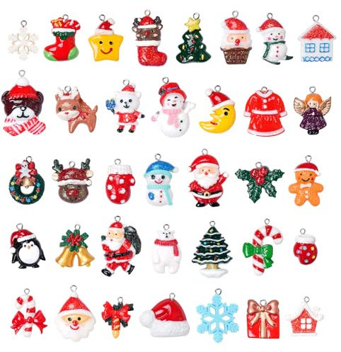36pcs Christmas Miniature Ornament Christmas Resin Ornament Mini Xmas Tree Decorations Snowman Santa Claus Hanging Ornaments with Strings for Xmas Tree Holiday Party Decoration Supplies