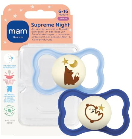 MAM Supreme Night Schnuller | 6-16 Monate | leuchtende Babyschnuller | 94% Akzeptanz | beugt Zahnfehlstellungen vor | besonders hautfreundlich | SkinSoft Silikon | Fuchs/Bär | 2 Stück
