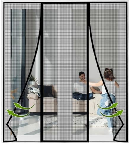 Magnetisches Fliegengitter-Tür, robustes Netzgewebe mit selbstdichtendem Design und neuer Seitenschnalle, 270 x 255 cm, schwarz, verbessertes Vollrahmen-Magnetband, keine Lücke, leistungsstarke