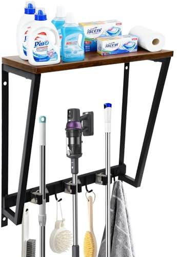 GHWMYD Colgador Escobas y Fregonas con Estantes de Pared con 3 Soporte, 4 Crochets, Organización y Almacenamiento para Cocina, Baño, Garaje y Jardín, Soporte Herramientas de Acero Inoxidable y Madera