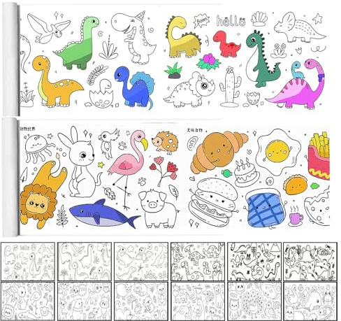 ChAusa 2 Rollos Papel Pintar Niños, Sticki Rolls, Animales Dinosaurios para Rollo de Papel para Colorear para Niños para Dibujar Colorear de Pintura Educativos (Mundo Animal, Parque de Dinosaurios)