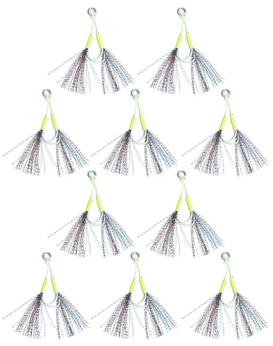 Mirweon Doppel-Assist Ersatz-Fischhaken, Jiggen, Kunstköder-Set, Angeln, Salzwasser, Jiggen, Doppel-Angelhaken, 10 Stück