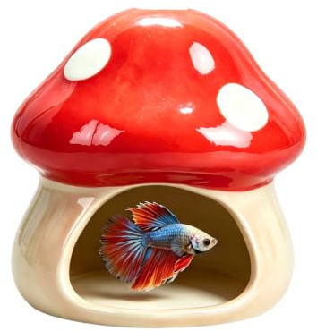 ANMOO Cute Mushroom House Betta Fish Tank Accessories Decor (Red) | Ceramic Aquarium Decoration Hideout Cave Ornament for Small Fish, Shrimp, Goldfish and Reptiles