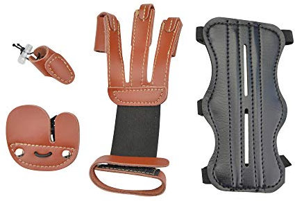 MILAEM Bogenschießen Schießhandschuh Handschuh 3 Finger Schutz Leder Armschutz Armschienen Fingertabs Daumen Ring Fingerschutz Schutzausrüstung Set für Recurve Bogen Longbow Jagd