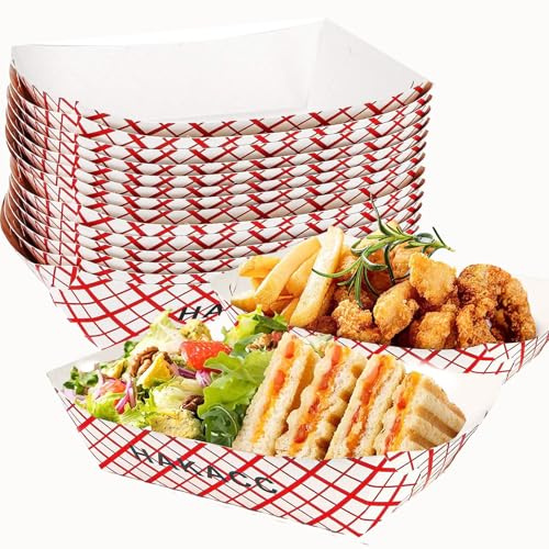HAKACC 50 Hot Dog Trays, Paper Plates Kraft, Disposable Food Trays for BBQ | Greaseproof Disposable Plates for Party, Buffet, Burger & Popcorn, Ideal for BBQ, Garden Parties & Movie Night Snack Trays