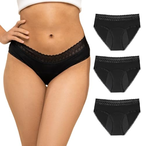 ZENAPHYR Bragas Menstruales Negras Ecológicas - Bragas de Mujer de protección Absorbente y Lavable - Ropa Interior Mujer Ecológica para el periodo - Lote de 3 - L