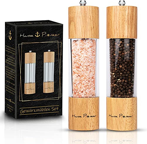 Hanse Pioneer Gewürzmühlen Set - Salz und Pfeffermühle aus Akazienholz - Präzise einstellbare Gewürzmühle - Hochwertige Pfeffer und Salzmühle mit Keramikmahlwerk