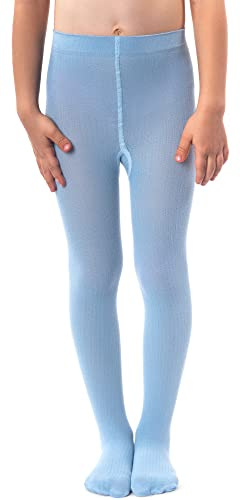 NOQ Girls Plain Knit Tights Footed Warm Opaque School Kid Stockings Ballet Dance Show Nursery, Baby Blue 7/8 years