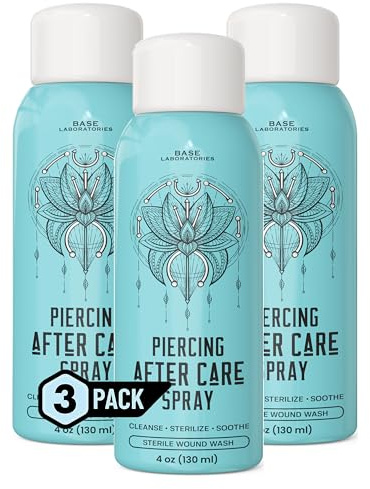 BASE LABORATORIES Piercing Aftercare Spray 4oz | Saline Spray for Piercings | Ear Piercing Cleaner Spray | Saline Solution for Piercings | Piercing & Keloid Bump Removal for Ears, Belly & Nose | 3PK
